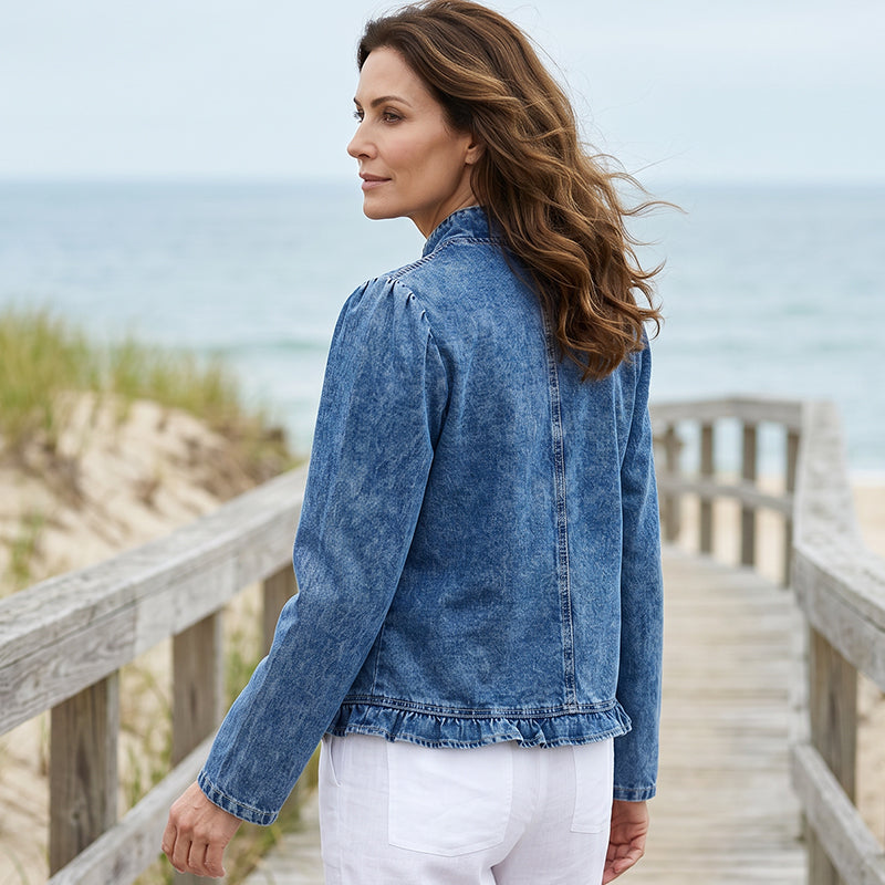 🧥40% OFF NOW!! 🌸 Women's Denim Jacket with Ruffles & Open Front – Lightweight & Feminine – Versatile & Chic 👗