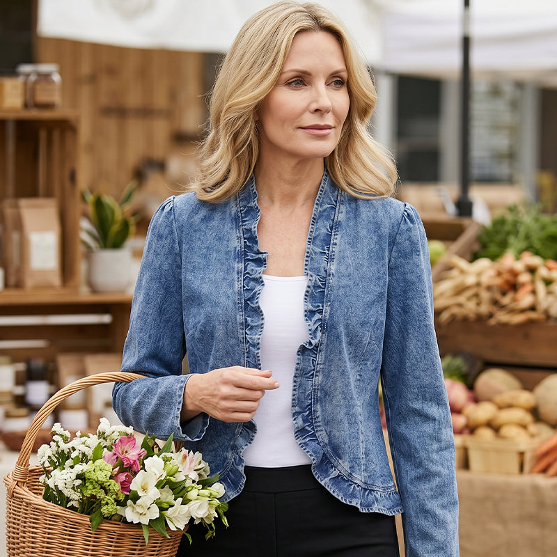 🧥40% OFF NOW!! 🌸 Women's Denim Jacket with Ruffles & Open Front – Lightweight & Feminine – Versatile & Chic 👗