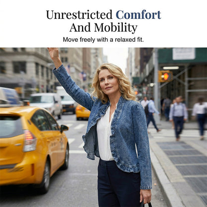 🧥40% OFF NOW!! 🌸 Women's Denim Jacket with Ruffles & Open Front – Lightweight & Feminine – Versatile & Chic 👗