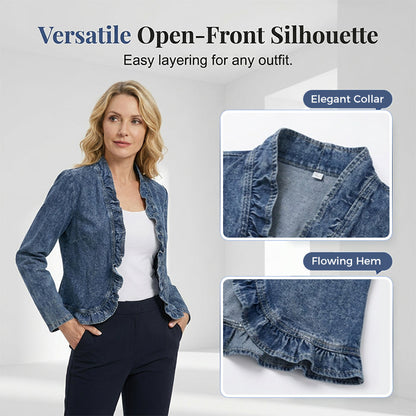 🧥40% OFF NOW!! 🌸 Women's Denim Jacket with Ruffles & Open Front – Lightweight & Feminine – Versatile & Chic 👗