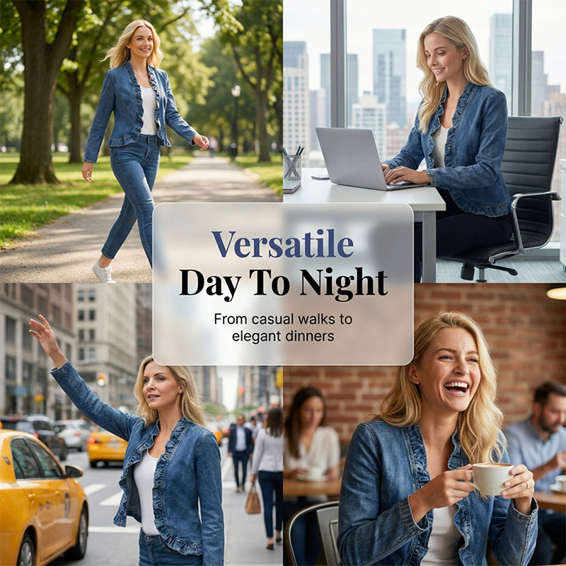 🧥40% OFF NOW!! 🌸 Women's Denim Jacket with Ruffles & Open Front – Lightweight & Feminine – Versatile & Chic 👗