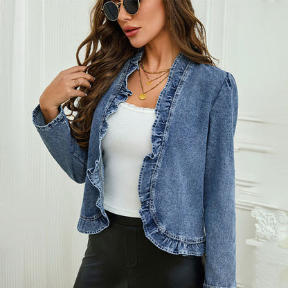 🧥40% OFF NOW!! 🌸 Women's Denim Jacket with Ruffles & Open Front – Lightweight & Feminine – Versatile & Chic 👗